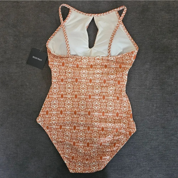 Ellen Tracy Orange Print key hole High Neck Over-The-Shoulder One Piece Swimsuit - Picture 8 of 15